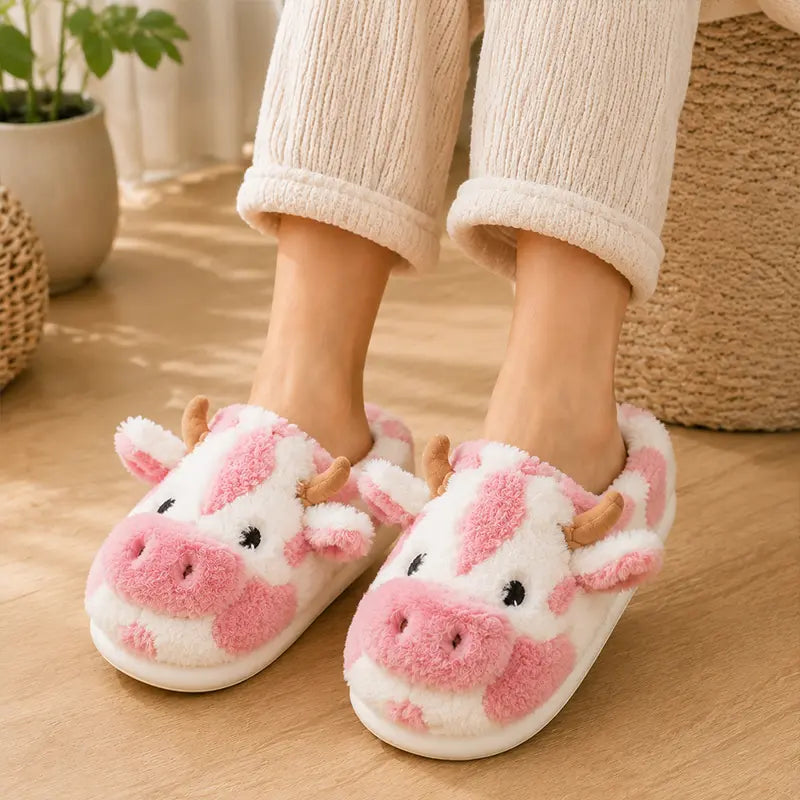 Plush Cow Slippers for Women & Men, Soft Cozy Fleece Lining, Non-Slip Sole, Cute Cow Design, Comfortable House Shoes for Indoor Use
