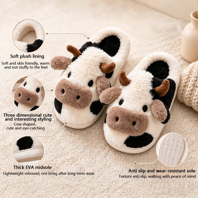 Plush Cow Slippers for Women & Men, Soft Cozy Fleece Lining, Non-Slip Sole, Cute Cow Design, Comfortable House Shoes for Indoor Use
