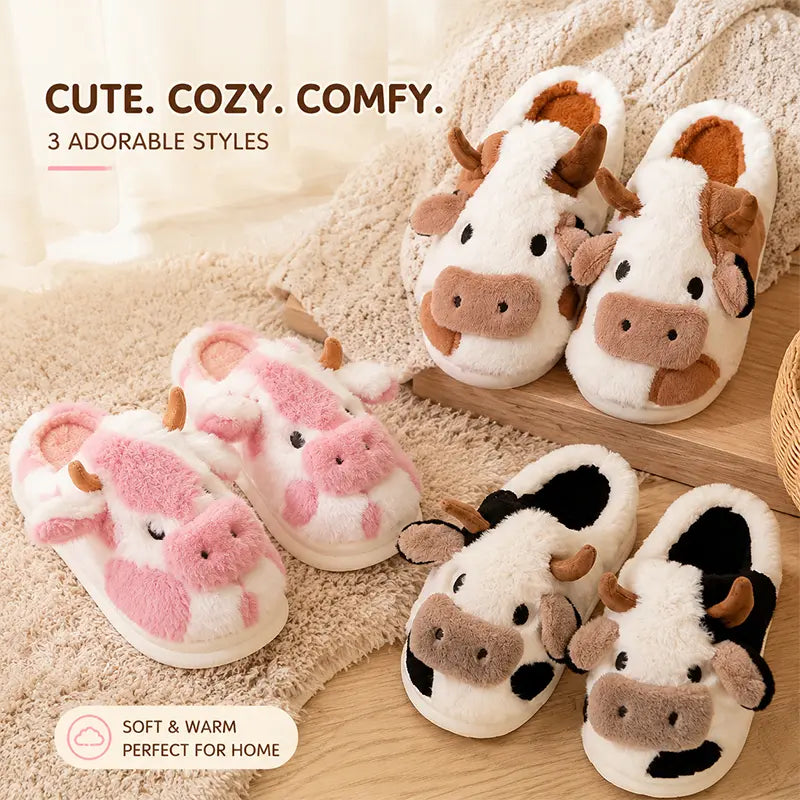Plush Cow Slippers for Women & Men, Soft Cozy Fleece Lining, Non-Slip Sole, Cute Cow Design, Comfortable House Shoes for Indoor Use