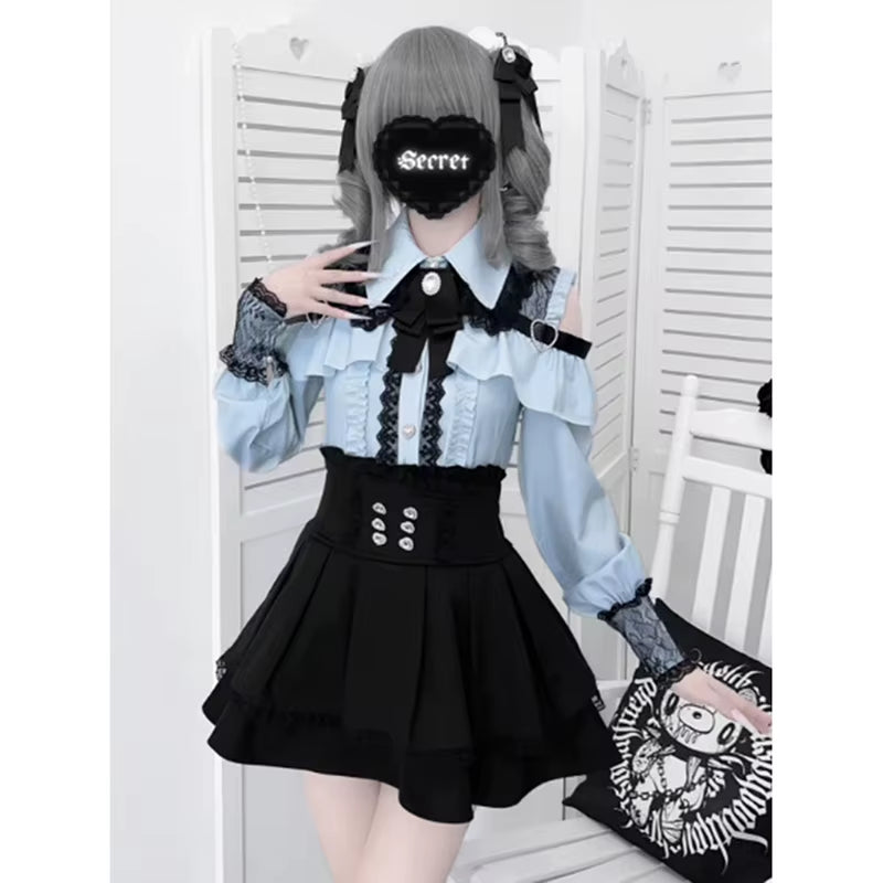 Jirai Kei Shirt JK Skirt Japanese Style Lolita Y2K Sweet School Uniform Blouse Top Dress Darkness Outfit Women Girls Theme Party