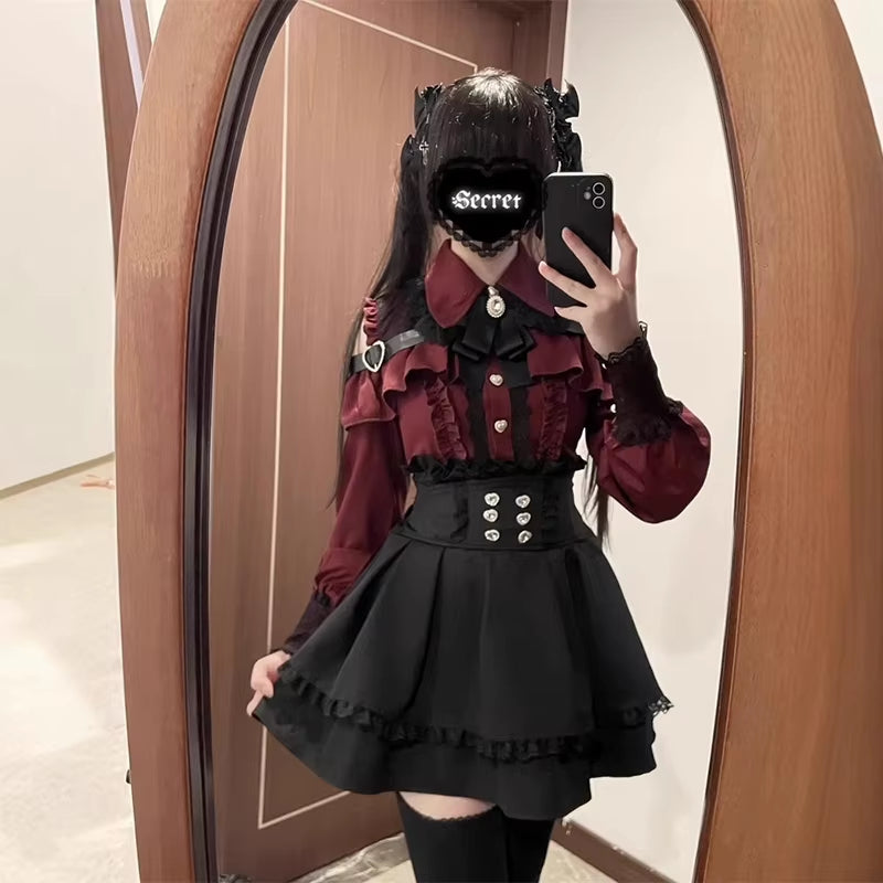 Jirai Kei Shirt JK Skirt Japanese Style Lolita Y2K Sweet School Uniform Blouse Top Dress Darkness Outfit Women Girls Theme Party