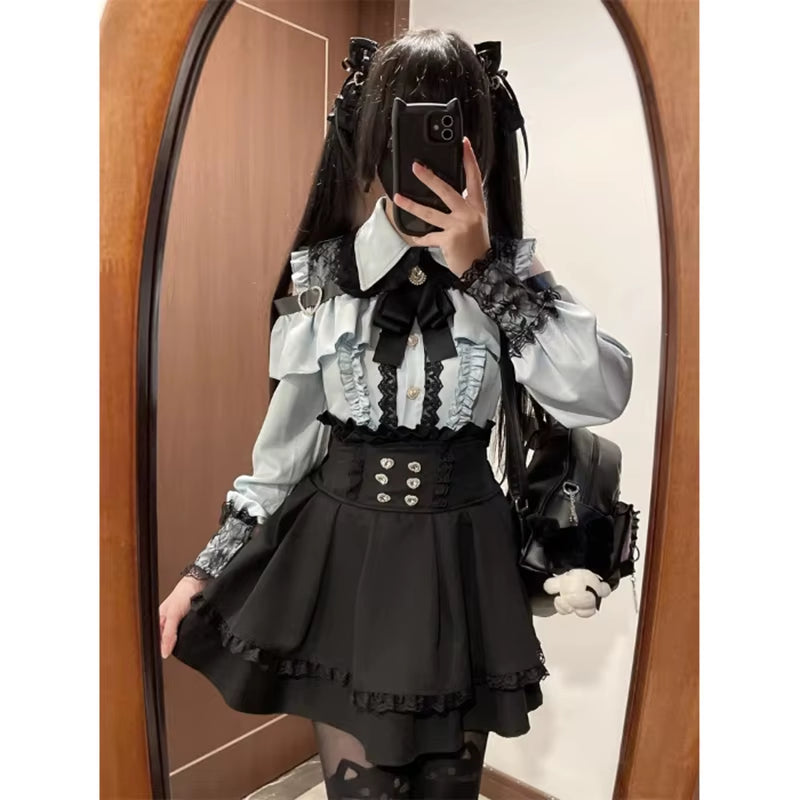 Jirai Kei Shirt JK Skirt Japanese Style Lolita Y2K Sweet School Uniform Blouse Top Dress Darkness Outfit Women Girls Theme Party