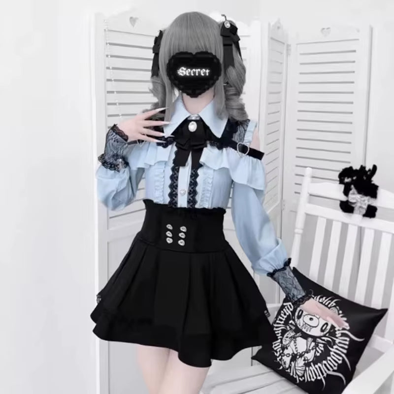 Jirai Kei Shirt JK Skirt Japanese Style Lolita Y2K Sweet School Uniform Blouse Top Dress Darkness Outfit Women Girls Theme Party