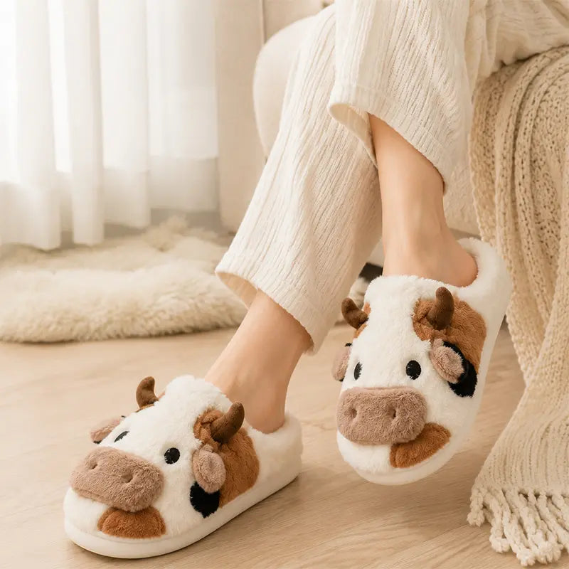 Plush Cow Slippers for Women & Men, Soft Cozy Fleece Lining, Non-Slip Sole, Cute Cow Design, Comfortable House Shoes for Indoor Use