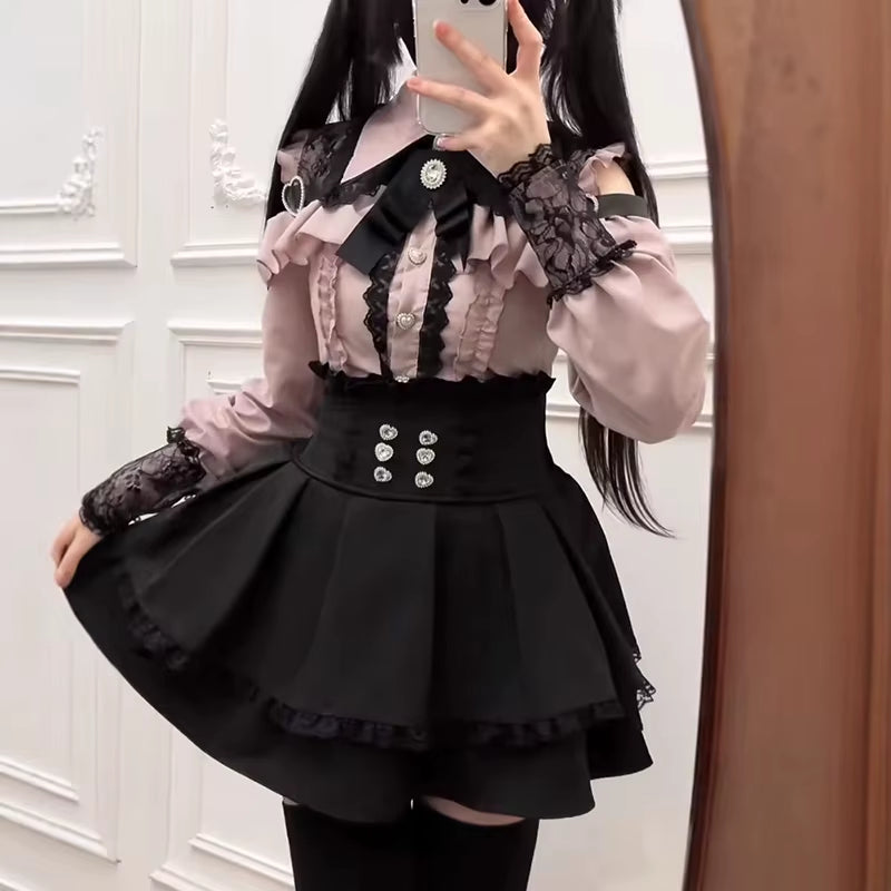 Jirai Kei Shirt JK Skirt Japanese Style Lolita Y2K Sweet School Uniform Blouse Top Dress Darkness Outfit Women Girls Theme Party