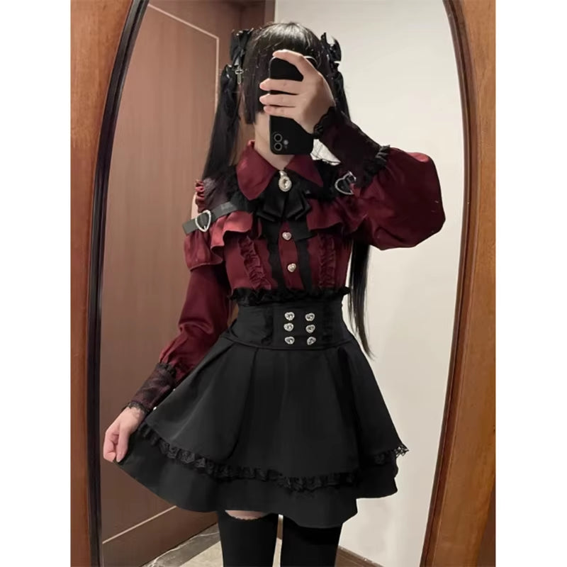 Jirai Kei Shirt JK Skirt Japanese Style Lolita Y2K Sweet School Uniform Blouse Top Dress Darkness Outfit Women Girls Theme Party